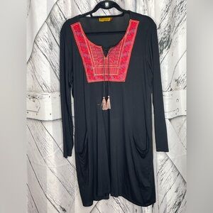 HAGARA Israeli Designed Jersey Knit Dress Front Appliqué Large